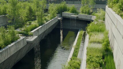 Fototapeta premium Urban Rooftop Garden with Water Features and Green Meadows Below
