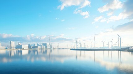 Obraz premium Serene Morning Reflection Over Calm Waters with Wind Turbines