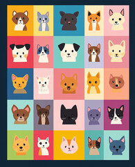 A grid of colorful cartoon cat and dog faces with a mix of breeds and colors on a dark blue background.
