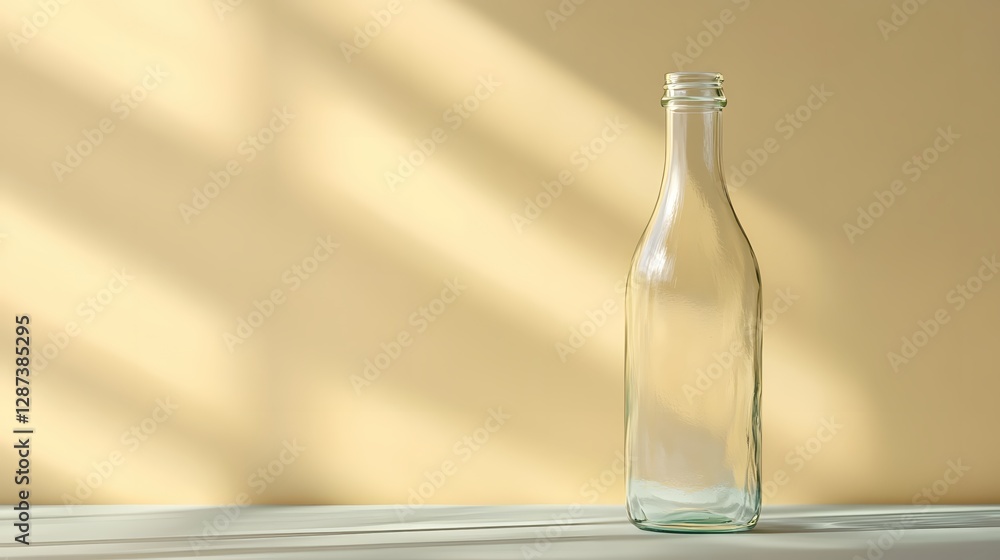 Poster elegant empty glass bottle with sunlight casting shadows on a cream background in a minimalist style