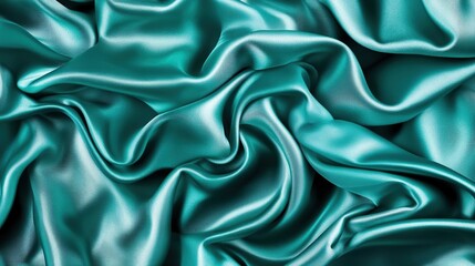 Obraz premium Teal silk fabric texture, draped, studio shot, background blurred, fashion design