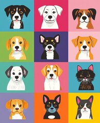 Collection of nine stylized pet portraits including dogs and cats, each set against a solid color background. Whimsical and colorful design.