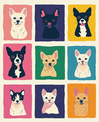 Fototapeta premium Collection of colorful dog portraits in square frames, showcasing various breeds and coat colors in a playful artistic style.