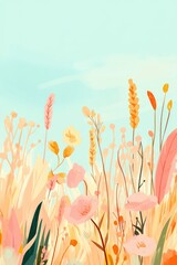 Whimsical Pastel Floral Meadow Illustration Against a Clear Blue Sky