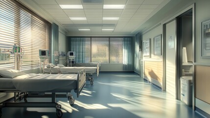 Fototapeta premium Sunlit Hospital Room: Two Empty Beds, Medical Equipment, and Serene Atmosphere