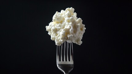 Textured piece of cottage cheese delicately placed towards the top edge of a fork. Advertisement puropose.