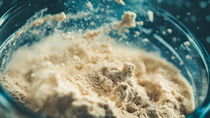 Close up of protein powder dissolving in water, creating dynamic splash