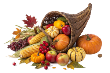 A cornucopia overflowing with autumn fruits and vegetables isolated on transparent background