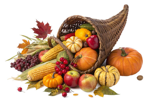 A cornucopia overflowing with autumn fruits and vegetables isolated on transparent background