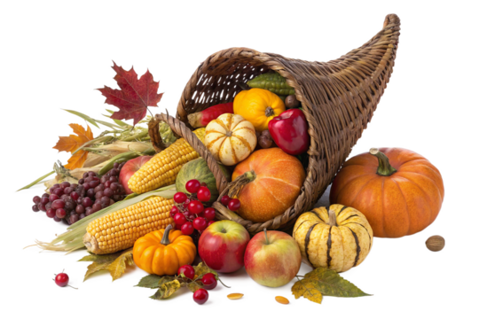 A cornucopia overflowing with autumn fruits and vegetables isolated on transparent background