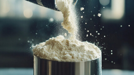 Protein powder being poured into metal container, creating cloud