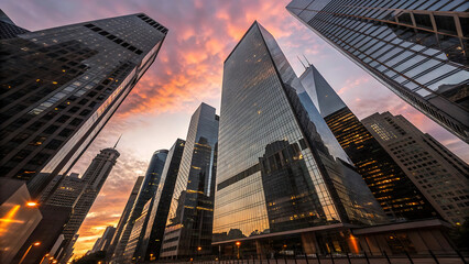 Breathtaking Modern Skyscrapers at Sunset, Capturing Stunning Reflections Across the Vibrant Downtown Skyline