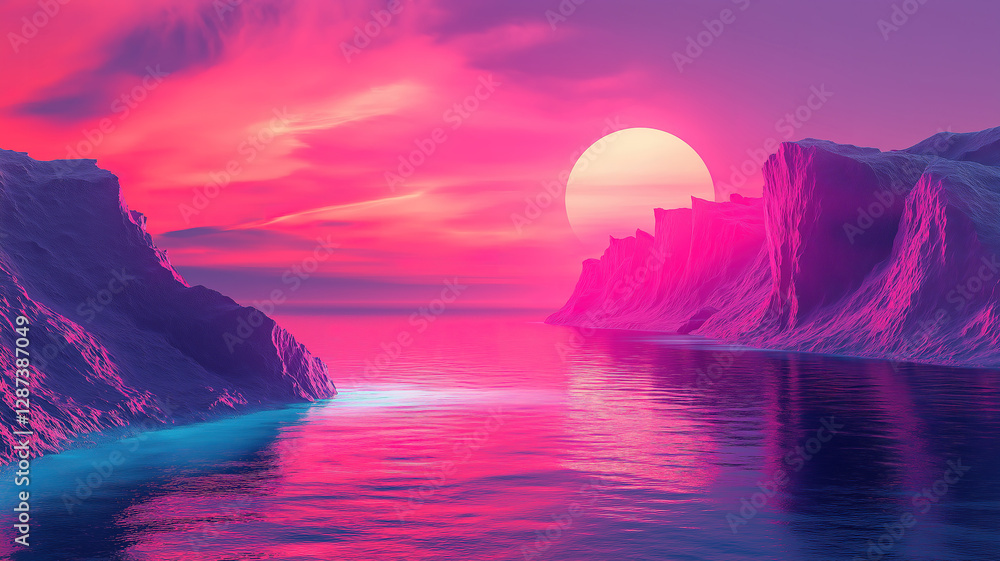 Poster futuristic minimalistic landscape with cliffs and water in vibrant abstract colors for 4k display