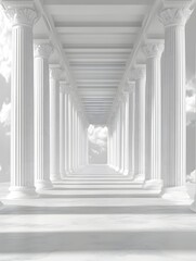 Serene Perspective of White Columns and Sky Creates a Sense of Grandeur and Peacefulness in a Modern Architectural Design