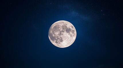 Fototapeta premium Luminous full moon in starlit night sky with twilight horizon with copy space