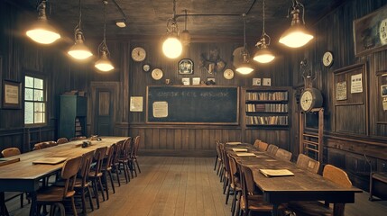 Rustic classroom, meeting, old building, wooden interior,  historical setting, education, film set, vintage
