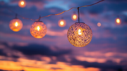 Intricate lattice lanterns glowing warmly at sunset