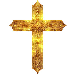 A stylized vector art of a Christian cross, gold-plated with intricate filigree engravings, glowing softly, transparent background, PNG
