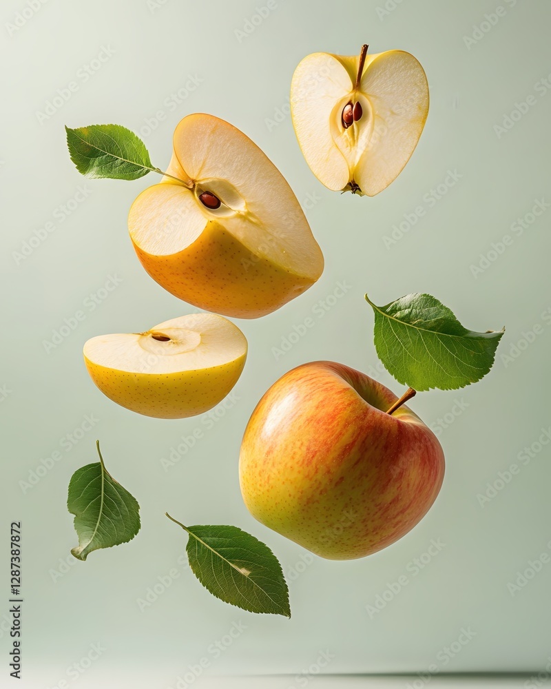 Poster golden delicious apples and leaves floating in a soft light green background creating a refreshing a