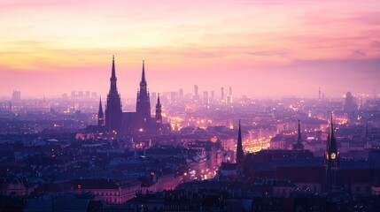 Obraz premium Twinkling Cityscape at Twilight with Neon Lights and Silhouettes