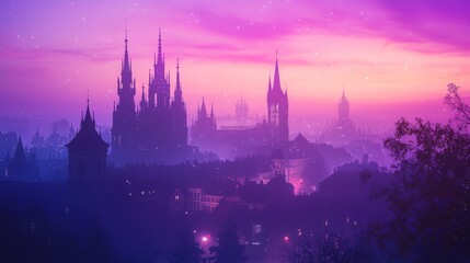 Fototapeta premium Twinkling Cityscape at Twilight with Neon Lights in the Background