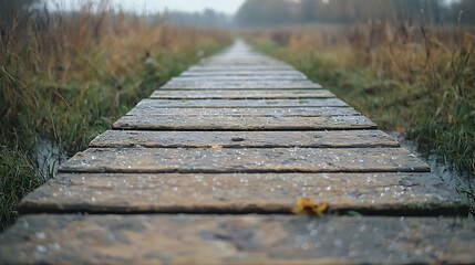 Obraz premium Wooden boardwalk path through autumn marsh