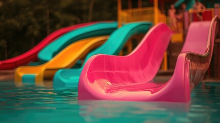 Vibrant Water Park Slide Attraction with Colorful Curved Slides and Refreshing Pool