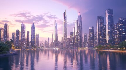 Fototapeta premium Grand Riverside Promenade at Sunset with City Skyline Reflections