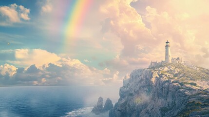 Towering Lighthouse on Rugged Cliff Beneath Colorful Rainbow