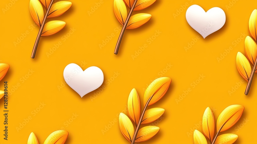 Poster yellow background with leaves and hearts pattern for design projects