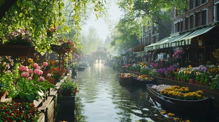 Serene Floating Flower Market Along a Tranquil Canal in Spring