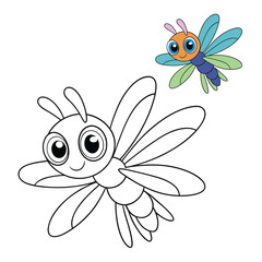 A cute cartoon dragonfly with big, sparkling eyes, a tiny smiling mouth, delicate translucent wings, and a round, colorful body, buzzing cheerfully through the air.
