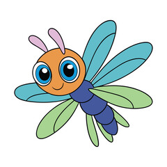 A cute cartoon dragonfly with big, sparkling eyes, a tiny smiling mouth, delicate translucent wings, and a round, colorful body, buzzing cheerfully through the air.