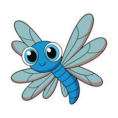 A cute cartoon dragonfly with big, sparkling eyes, a tiny smiling mouth, delicate translucent wings, and a round, colorful body, buzzing cheerfully through the air.