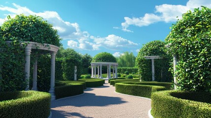 Obraz premium Serene Garden Scene with Labyrinth and Hedged Pathways