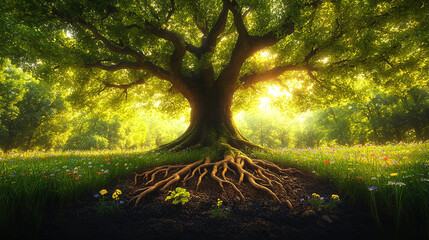 Sunlit tree with deep roots spreading underground.
