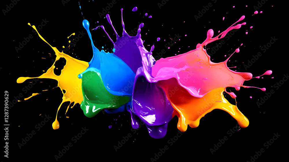 Poster vibrant colorful paint splashes creating abstract patterns on a white background