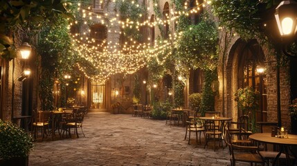 Fototapeta premium Elegant Renaissance Courtyard with Warm Lights and Lush Greenery