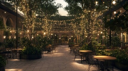 Fototapeta premium Enchanting Renaissance Courtyard with Twinkling Lights and Greenery
