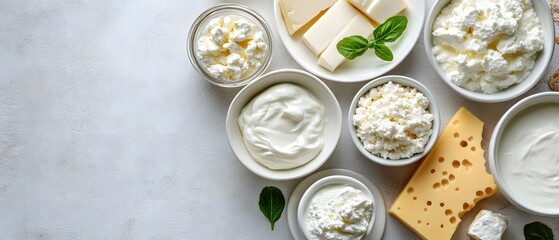 Overhead View of Fresh Dairy Products Assortment on White Textured Background Displaying Cheese Yogurt and Cottage Cheese for Culinary Projects