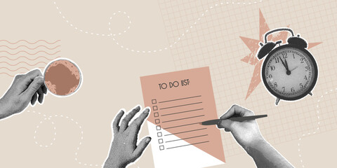 Trendy halftone collage. Time management, productivity,time management,time management, online learning, work from home, coffee break concept. 
