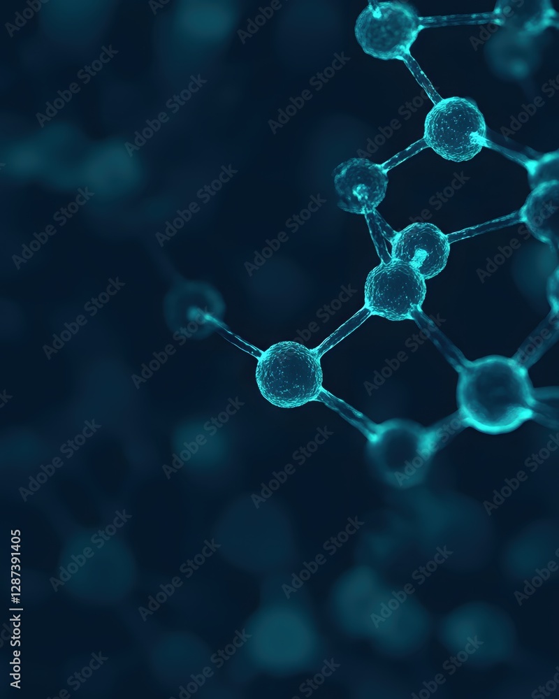 Poster molecular structure visualization with spherical nodes and interconnecting bonds on dark blue backdr