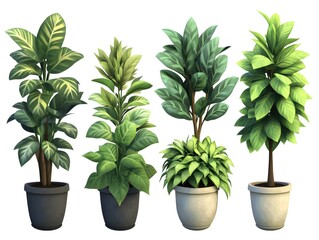 Obraz premium Four potted plants on a white background showcasing vibrant green leaves in an indoor setting for home decor ideas