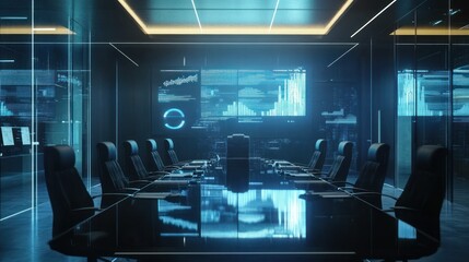 Modern conference room with digital displays.