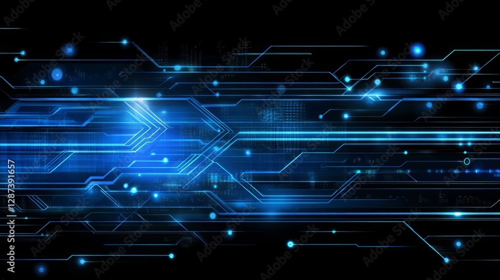 Poster futuristic technology background with abstract digital elements featuring glowing blue and purple li