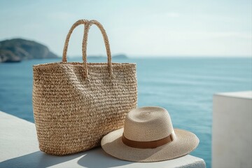 Beach accessories woven tote and straw hat by the ocean relaxing scene serene view
