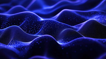 A deep dark blue abstract digital background featuring sparkling light particles and immersive depth