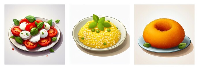 Three plates of food: Caprese salad with tomatoes and mozzarella, yellow risotto with peas, and an orange donut.