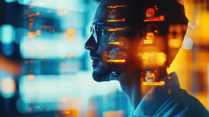 Profile of a scientist with digital overlays.