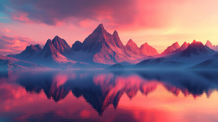Majestic fantasy landscape with towering mountains and water reflections